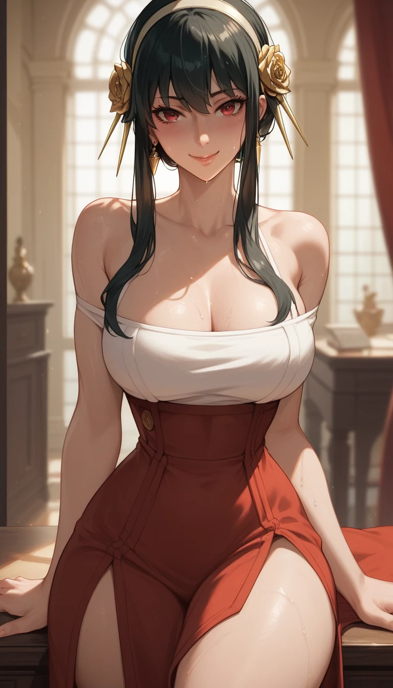 light effect, soft, super clear, high-definition picture, (front), masterpiece, cinematic lighting, Hyuga Hanabi, byakugan eyes, black hair, 1girl, solo, looking at viewer, smile, small breast, open shoulder, green lingeries, wine glass holding, gala dinner