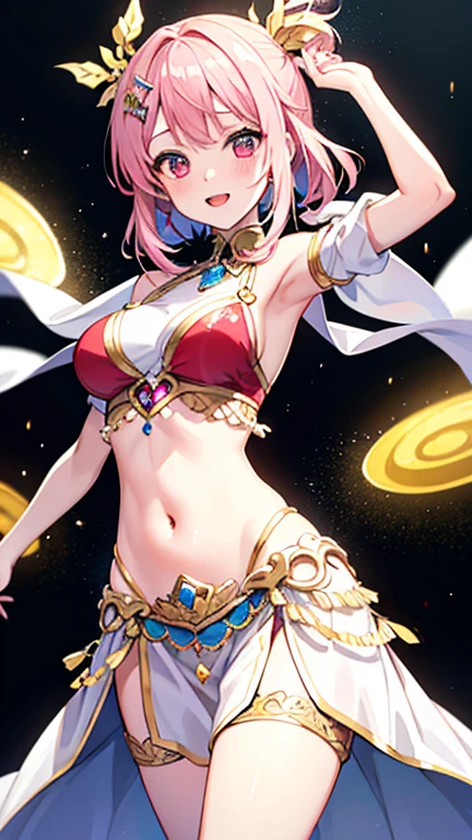 A smug narcissistic pink haired genie woman wearing a golden bra and pink puffy harem pants and lots of jewelry flaunting herself