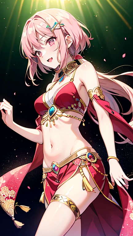 A smug narcissistic pink haired goddess wearing a golden bra and golden pants and lots of jewelry flaunting herself