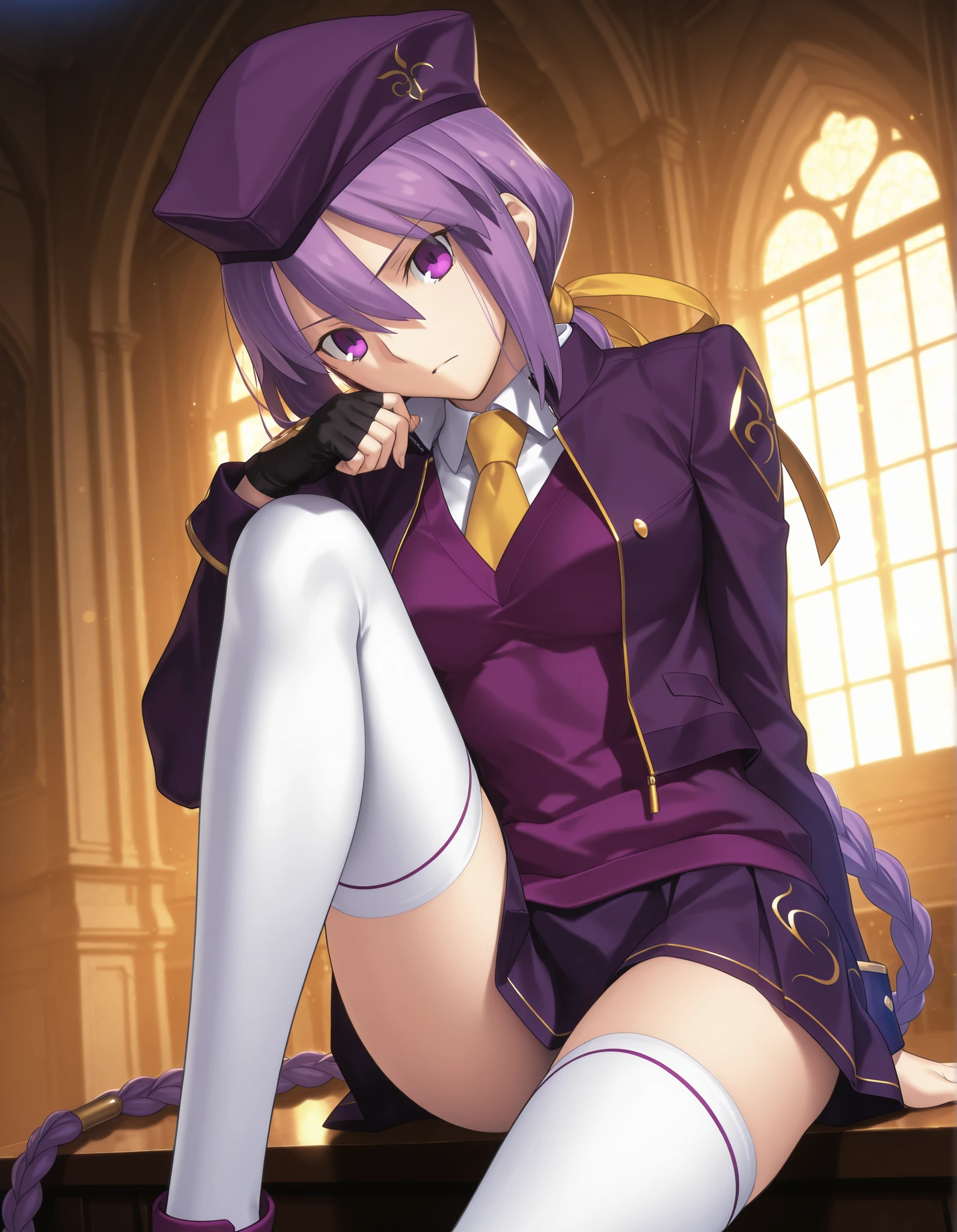 masterpiece, , absurdres, highres, detailed background, high resolution, masterpiece, necessary, detail, best quality, quality, necessary, details, High details, Precise, dark, indoors, (mansion, ,blue hour), lens flare, blurry background, ,
1girl, Takeuchi Takashi (type-moon,tsukihime) style, takeuchi takashi style,, (aged up) ,knee to chest,
girl, (slender body, slim arms, slim bod), (Sion) Eltnum (Atlasia) ,sion eltnam atlasia,(fate), purple hair , purple eyes, tsurime, hair between eyes ,long bang, long hair , braided hair , braided ponytail , yellow ribbon , EltnumOutfit ,small breasts, light purple sweater , sweater vest , collared undershirt , white undershirt , undershirt , yellow necktie , dark purple cropped jacket , dark purple skirt , miniskirt , gold trim , white thighhighs , single glove , fingerless glove , black glove , dark purple beret , jacket ,(head tilt), looking at viewer ,,