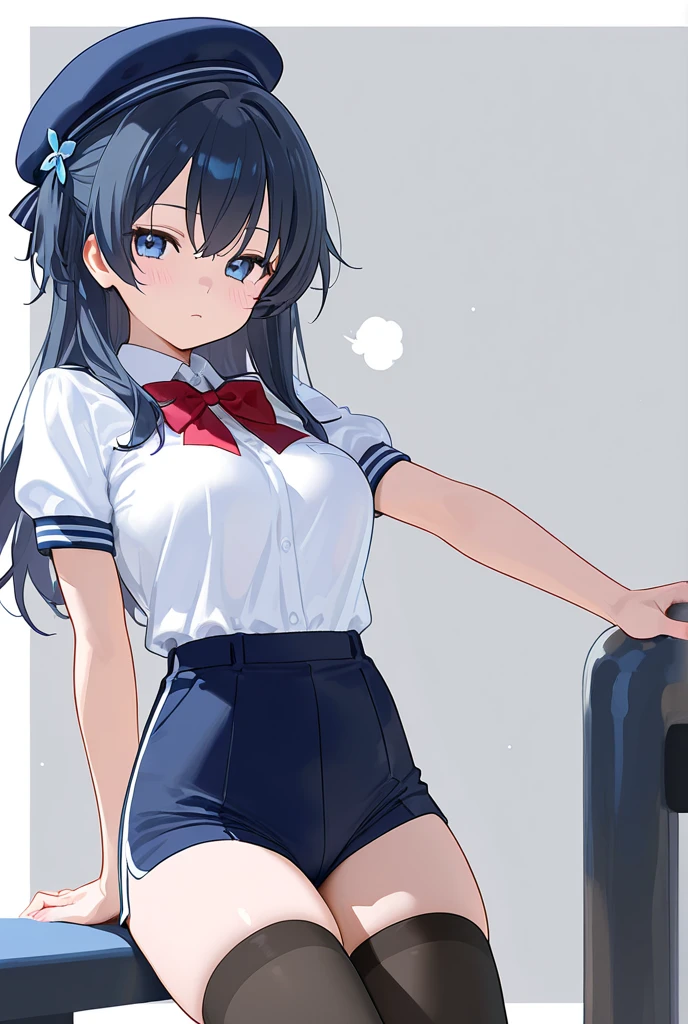 1young_teen_女の子、ロリ、brown_hair、medium_bob_hair、blue_midriff_baring_sailor_uniform、mini_skirt、short_sleeve、太もも、big_tits,closed_eyes, 笑顔、open_mouth、立っている,harbor_background、spread_legs、幸せ、NSFW、short_gloves, wet,transparent,covered_nipples, covered_crotch, under_tits, sweat, bare_thighs