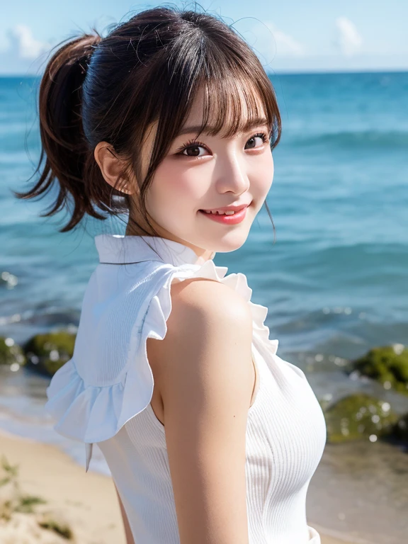 (Highest quality, 32k, High resolution, Masterpiece:1.5, ), marimo_jet, god々A photograph with brilliant dazzling and healing power., Evoking a sense of calm and elusive beauty, Expressing emotions, Have a rich imagination, The road to the horizon, Nostalgic scenery of youth, Beautiful Japanese Girls, An exceptionally beautiful face, Small Face Beauty, Perfect Human Anatomy, Magical big eyes, Motherhood and generosity, Deep Love, fleeting smile, ((Shiny brown hair:1.1)), ((A beautiful ponytail swaying in the wind)), Asymmetrical bangs, Hair between the eyes, Transparent, soft white skin, Sharp eyebrows, Thin lashes, Natural Makeup, Cheek highlighter, Pale pink detailed lips, (Floral sleeveless shirt:1.4), High resolutionの美しい太もも, Beautiful legs, ((Walking the coastal highway:1.2)), ((The road to the horizon路)), Beautifully detailed skies, ((Shining in the morning sunlight)), Professional photographer, Professional Lighting, Professional models, god秘的