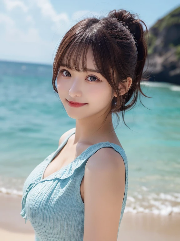 masutepiece, Best Quality, Illustration, Ultra-detailed, finely detail, hight resolution, 8K Wallpaper, Composition that includes the perfect whole body, Beautiful detailed eyes, ((Sit on the beach and cross your legs:0.9)),((fullnude:0.5))、 Random and cute hairstyles, Medium chest, Natural Color Lip,Beach, Random and cute poses,((A big smile that makes you squint)),((breastsout、under look eyes、Mole on the arm:0.9))、((short-cut))、((Along the coast:1.1))、((Frontal camera work))、((Hide the nipple with your palm,:1.5)),((Traces of blood vessels in the chest))