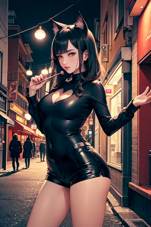 Wide angle shot, rear view, beautiful female street fighter, wearing large glasses, black undercut hair, wearing large iron gloves