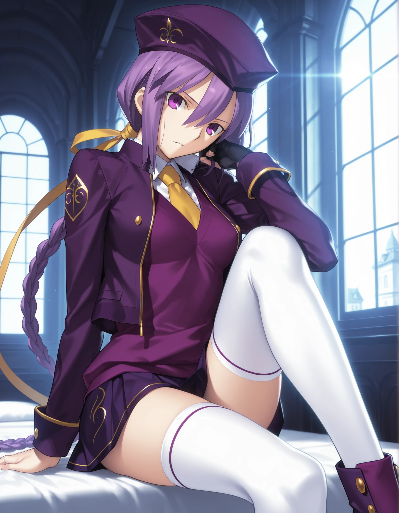 masterpiece, , absurdres, highres, detailed background, high resolution, masterpiece, necessary, detail, best quality, quality, necessary, details, High details, Precise, dark, indoors, (mansion, ,blue hour), lens flare, blurry background, ,
1girl, Takeuchi Takashi (type-moon,tsukihime) style, takeuchi takashi style,, (aged up) ,knee to chest,
girl, (slender body, slim arms, slim bod), (Sion) Eltnum (Atlasia) ,sion eltnam atlasia,(fate), purple hair , purple eyes, tsurime, hair between eyes ,long bang, long hair , braided hair , braided ponytail , yellow ribbon , EltnumOutfit ,small breasts, light purple sweater , sweater vest , collared undershirt , white undershirt , undershirt , yellow necktie , dark purple cropped jacket , dark purple skirt , miniskirt , gold trim , white thighhighs , single glove , fingerless glove , black glove , dark purple beret , jacket ,(head tilt), looking at viewer ,,