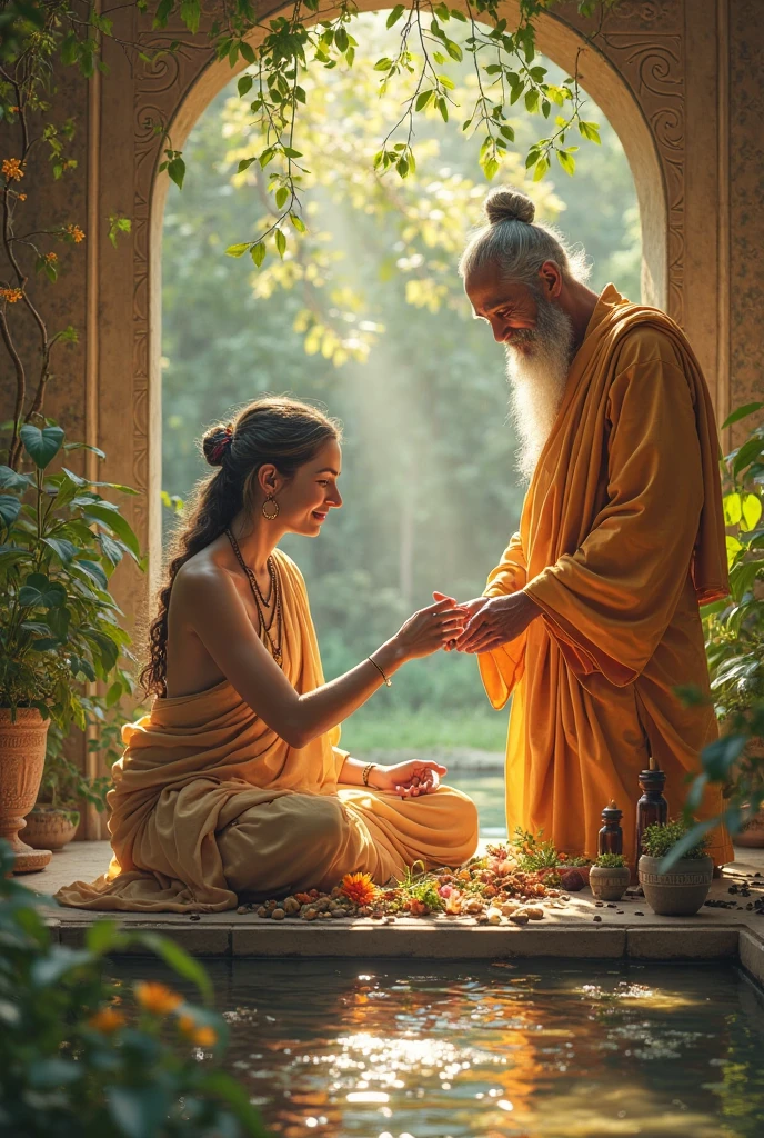 There is a hut. There is a white colored line all around in a round circle. Near the hut, there is a very beautiful woman who is standing wearing God's clothes. She is standing inside the line. In front of that woman, a saint is standing outside the line holding his hand. holding a kamandalu
