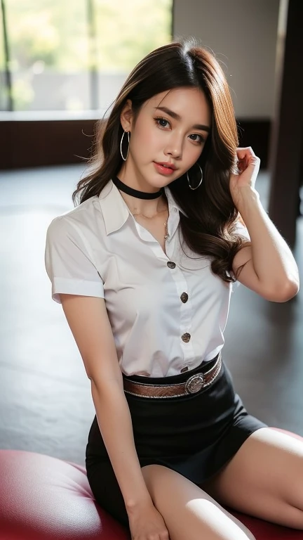 (High resolution 8K, Masterpiece, best quality. Just one complicated detail, chromatic aberration.) As a matter of fact ((chest)) hair in one eye, purple eyes, big round hoop earrings, sharp eyes, Diamond choker, red gemstone necklace. ,(symmetrical eyes),(Perfect symmetrical body),(Photo of a beautiful 21 year old girl),Beautiful and charming illustrations of contemporary fashion through the eyes of the viewer.. ((Behind the scenes of a large classroom)) , (black short skirt), (((He wore a white short-sleeved shirt that was completely unbuttoned.. เปิดเสื้อโชว์chest, no bra), (openly), (Soft chest))), ((black shorts) Pencil skirt with deep slit on the side..) (leather belt, long square belt buckle) ((Put your hands down.)) (golden bob, side bangs, golden hair (There is a thin layer of hair covering the face..)), sharp eyeliner, Blush eyeshadow with thick eyelashes, Very delicate and beautiful, round chin, Sharp focus, luxurious, Open your legs on the study table.. Turn your head with your legs open so they are at eye level.. Open your legs and lift your right leg over your left leg.. Let your legs be at natural eye level., chestของคุณเล็ก, Your legs are slightly apart in a dynamic pose.. University outfit
