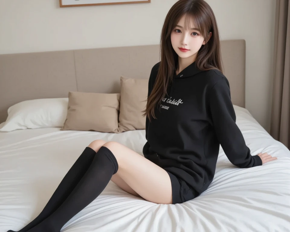 une femmes de 18 ans sexy et mince , black short sleeve hoodie , salle de classe, se touche,position sey,sensuel,visible legs,