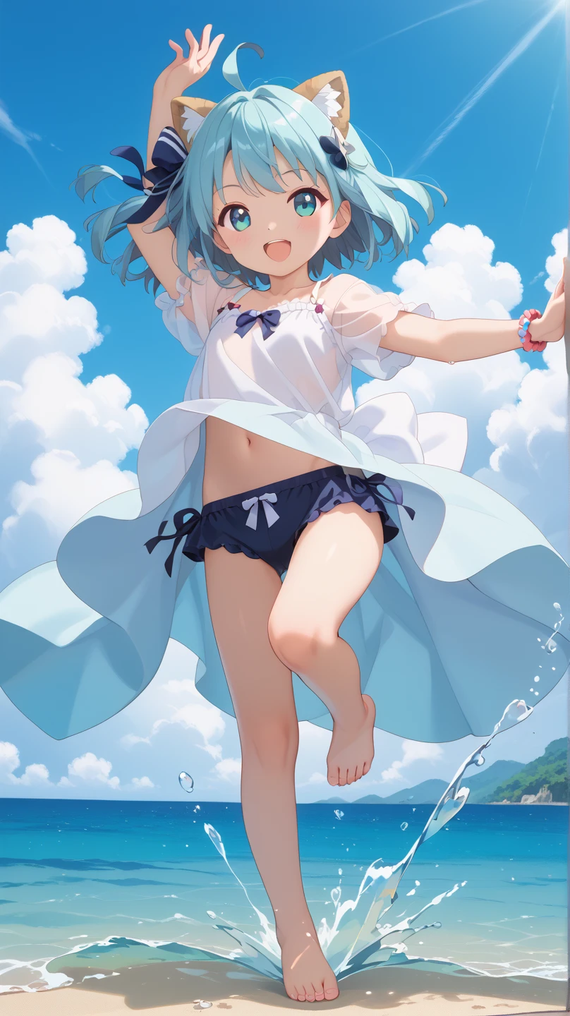 우산을 들고 공중에 떠 있는 swimsuit을 입은 애니메이션 소녀, 흰색 swimsuit, Kantai Collection Style, kushat, change, is wearing a swimsuit, swimsuit, Splash Art Animation , top rated on pixiv, Clean and detailed animated art, at pixiv, pixiv, Rei Ayanami, Expressing Joy. by krenz kushat