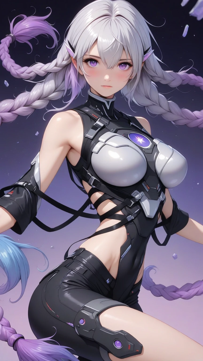 ((masterpiece, highest quality, Highest image quality, High resolution, photorealistic, Raw photo, 8K)), ((Extremely detailed CG unified 8k wallpaper)), (huge stunning goddess shot, very hot and sexy, jaw-dropping beauty, perfect proportions, beautiful body, slim body beauty:1.1), croptic girl, 2 girl, Long silver hair, two braids, big eyes staring at the camera in a dynamic pose.