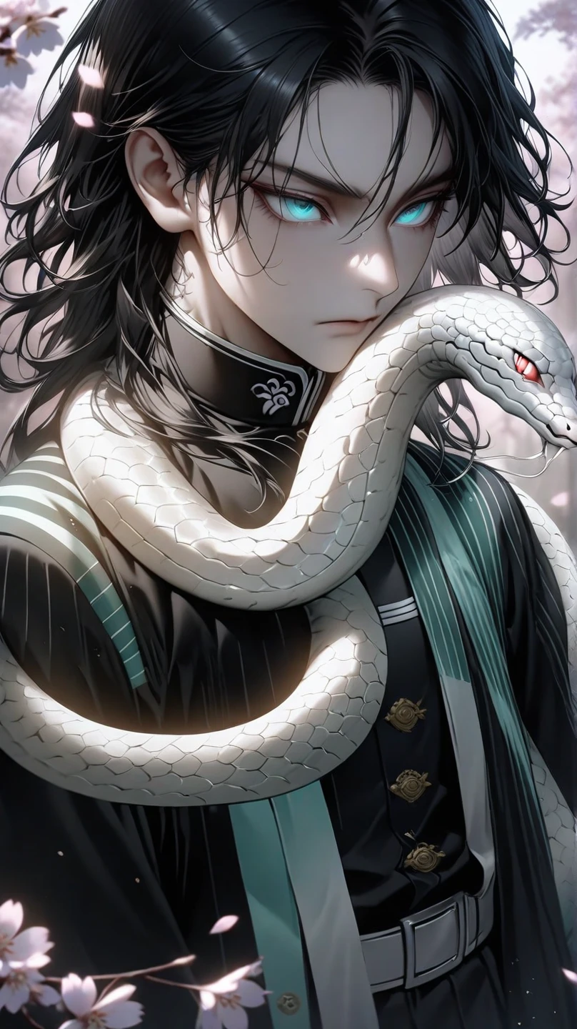 Black medium long hair,Wearing a doctor's white robe,The eyes are blue snake pupils,A black snake is wrapped around his neck,mtu