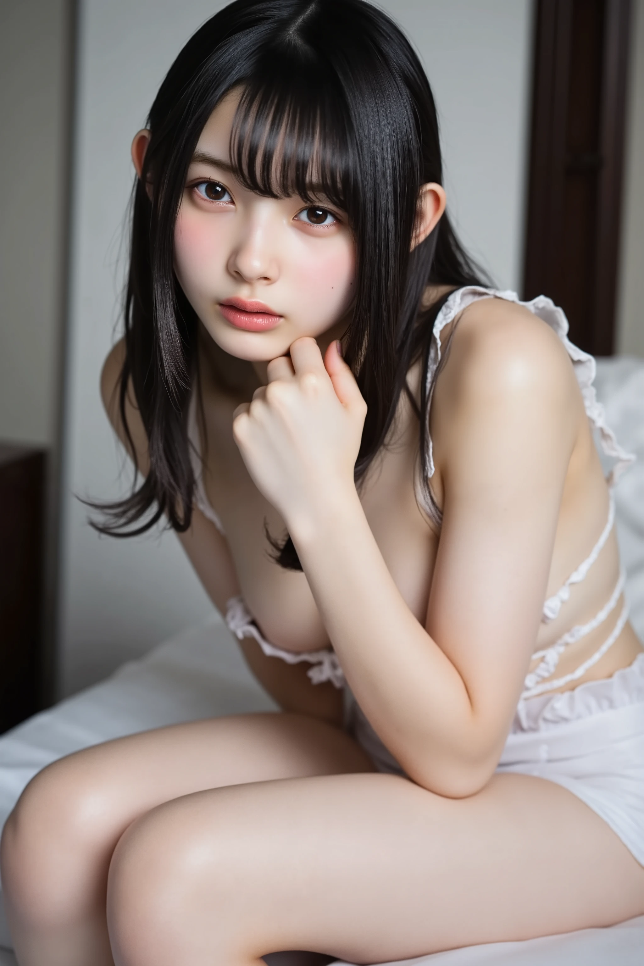 bent forward pose、Bedroom、nightgown、japanese girl、17 year old girl、small breasts、perfect breasts、perfect skin、perfect body shape、small breasts、small face、wet hair、black haired、bangs whorl、colorful、 nipple、