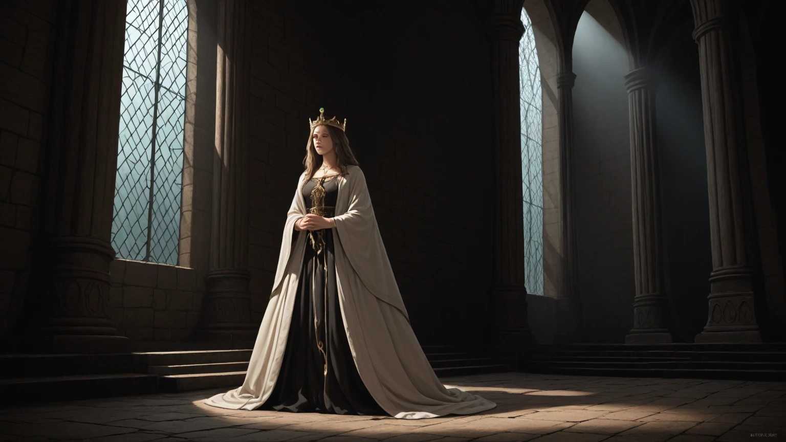 best quality, fantasy, digital art, intense gaze, golden crown, flowing cape, ancient castle, dimly lit, ethereal atmosphere, mystic symbols, powerful aura, dramatic lighting, mysterious background, ornate details