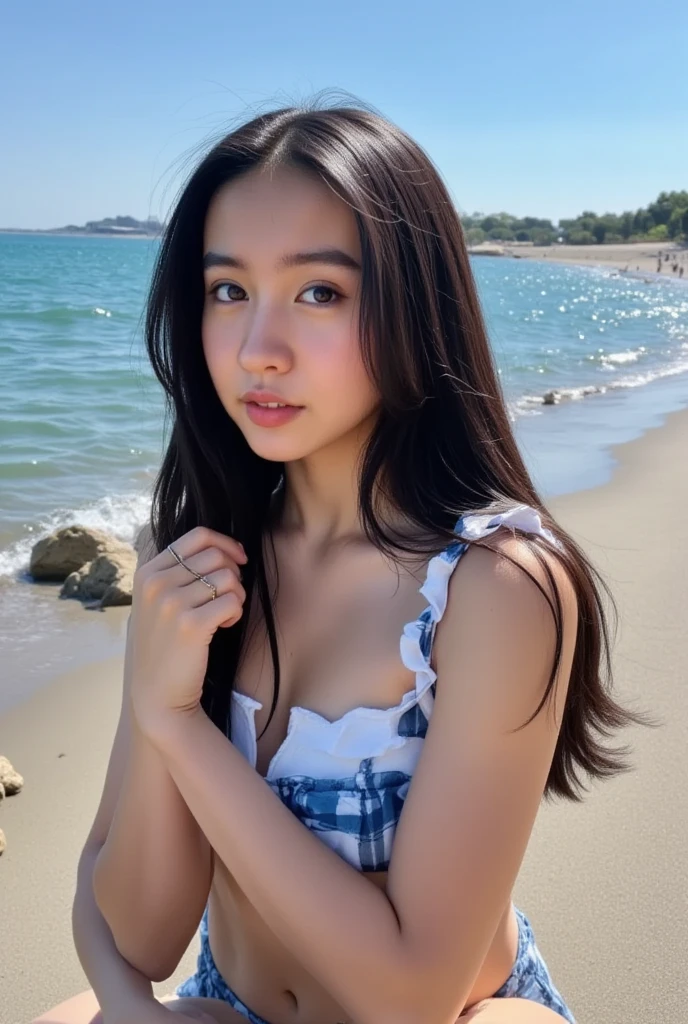 (at beach, 1 girl, small breasts, medium long hair, white tank-top, pink panties, camel toe, Spread legs, squatting:1.5), fair-skinned, glossy lips, skinny, body type, delicate and sexy clavicle, highest quality, RAW photo, realistic, face, incredibly ridiculous beautiful girl, cute, Depth of bounds written, High resolution, ultra detail, detailed, Very detailed, extremely detailed eye and face, sharp pupils, sharp focus, cinematic lighting
