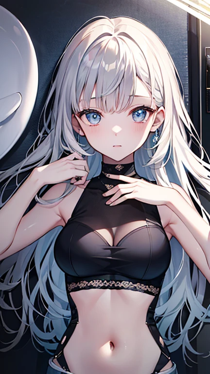 1girl, anime, cute girl, blank background, white background, fantasy, detailed dark fantasy dress with highlights, beautiful face, beautiful eyes, dark colors, silver hair, slightly small breasts, slight cleavage, beautiful skin, cute, breast curtains, extremely delicate and beautiful, (beautiful detailed face:1.0), (detailed deep eyes), symmetrical breasts, deep eyes, shiny skin, portrait, slender waist, hips wider than shoulders, thighs, young girl, expressionless