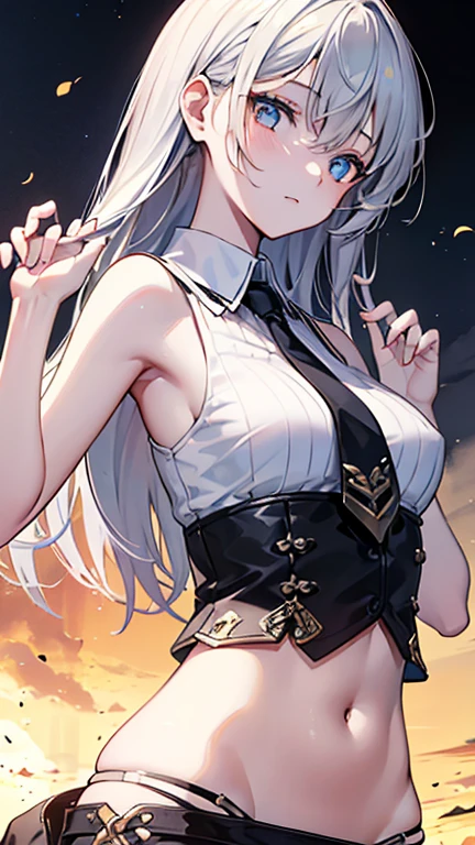 (tmasterpiece:1.6,Best quality),(Eyes are thin and beautiful:1.2),(top of head),high high quality,beauitful face,1个Giant Breast Girl,wide wide shot,White cropped top,leather short shorts,oversized leather jacket,cropped shoulders,Long blonde hair and high ponytail,small,Long gray hair,angelic halo,Angel wings,Wide hips,(Side Body),the street,Background with,Detailer face background,your belly。