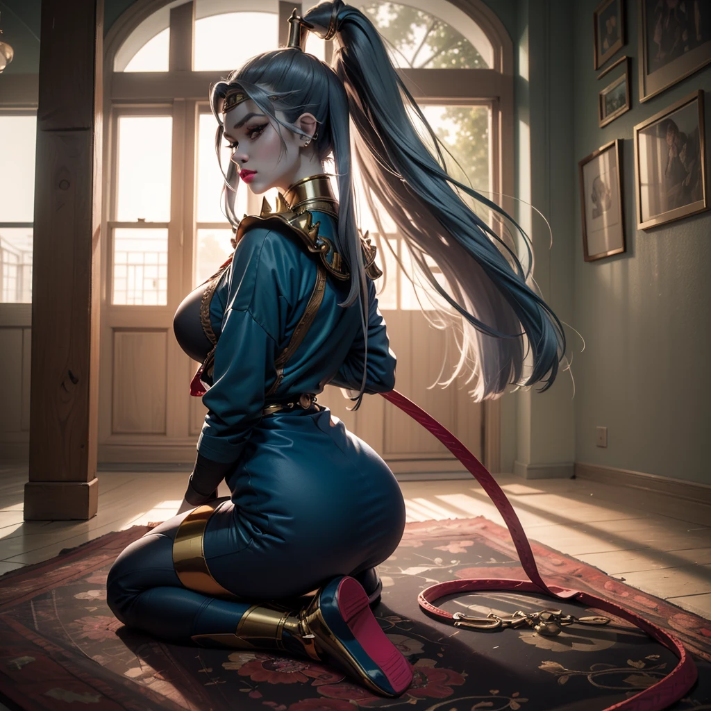 (masterpiece, best quality:1.2), <lora:agk_charpack-10:1.0>, solo, 1girl, ((esdeath)), smile, looking back, long blue hair, white peaked cap, blue eyes, (white military uniform), long sleeves, white thighhighs, choker, large or medium breasts,(slim), illustration of a anime girl imagination, art brut, polychromatic neon, phantasmagoria, vray, polychromatic noir, hyperrealistic photo by Seebas Apterus and Larry Bell art, blending, smooth, serious, detailed expressions, artstyle, detailed eyes, HDR, UHD, 64k, RTX, sharp, sharp focus, highly detailed, intricate detail, professional, artistic flow, ultra detailed, high resolution photography, (bright colors)