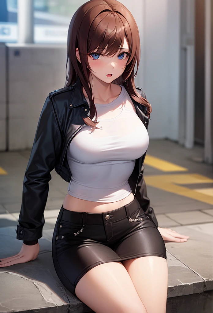 (masterpiece, best quality, photorealistic, cinematic, ultra-detailed), wide shot, full body, perfect anatomy, perfect eyes, perfect hands, large breasts, long round legs, 1 voluptuous girl, ((nude)), ((only wearing a sleek, charcoal-gray hooded jacket that falls to mid-thigh, the jacket is made from a blend of high-tech waterproof fabric and soft faux leather, the hood is lined with a contrasting deep maroon velvet material, adding a touch of luxury, the jacket has minimalistic silver zipper details and slim, angular pockets on the sides)), the model's hair is styled in loose, tousled waves that cascade down her shoulders and back, her hair color is warm chestnut brown with subtle caramel highlights, the wind gently ruffles her hair, giving a natural and effortless look, around her neck, she wears a delicate silver pendant necklace with a small amethyst gemstone, on her wrist, she has a slim maroon leather bracelet that complements the jacket's hood lining, her ears feature small silver hoop earrings that catch the light, a minimalist black leather crossbody bag hangs casually from her shoulder, showcasing a modern and functional accessory, the scene is set within an artist's studio, with muted lighting that casts gentle, diffused shadows on the backdrop. a subtle palette of earthy tones enhances the ambiance, drawing attention to the model's attire and demeanor