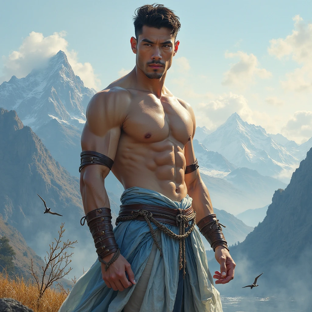arafed man with a sword in his hand and a mountain in the background, [ rigidly defined abs ]!!, with abs, [ adamantly defined abs ]!!, chiseled abs, beefcake pose, male calisthenics, slender and muscular build, prefect body, asian male, muscular body, sporty physique, lean and muscular