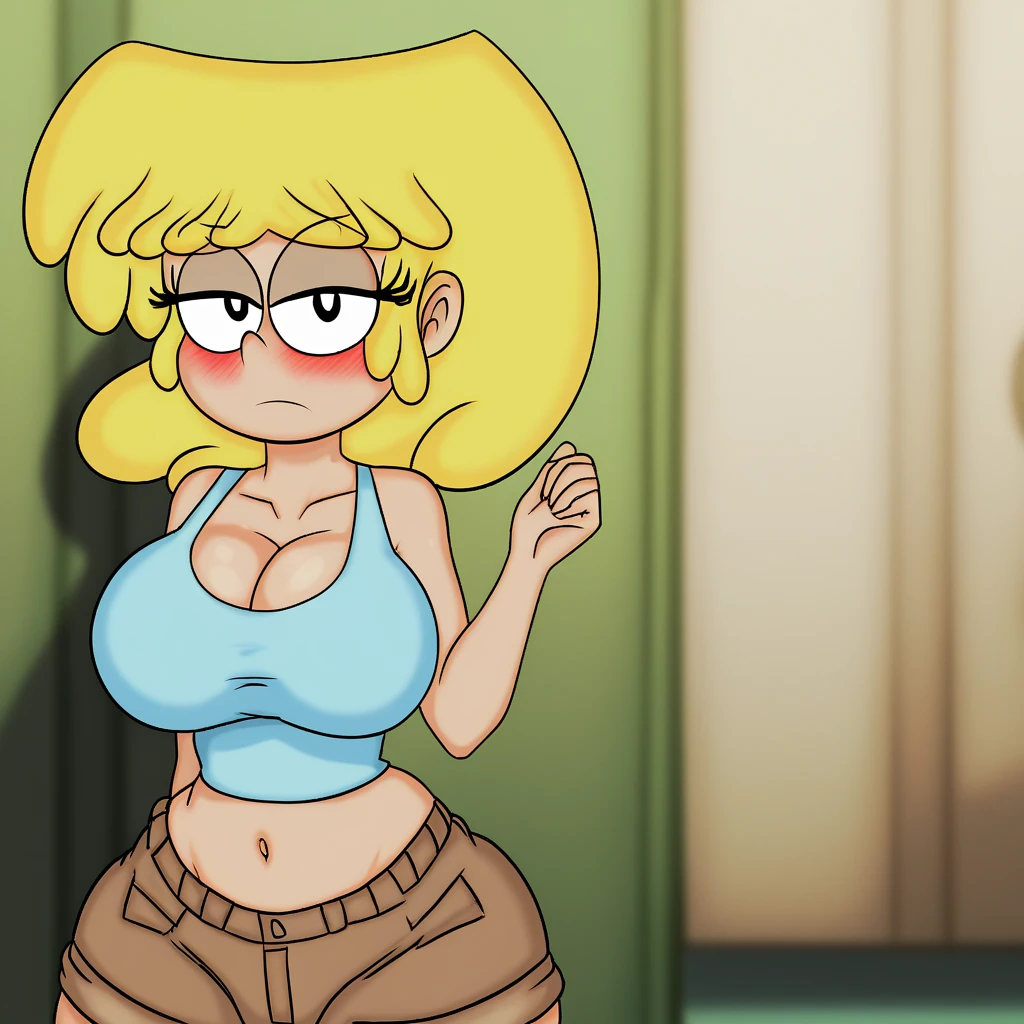 ((masterpiece, best quality)),solo,1girl, loriloud, lori loud, highres, blonde hair, detailed, dark eye, soft lighting, in bedroom, blue shirt, brown shorts, bellybutton, blushes, smile, huge breasts, wide hips