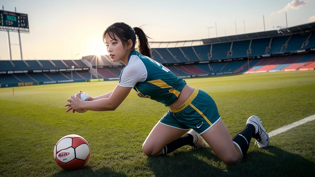 full body of an soccer player with white soccer uniform kicking a soccer ball, full, realistick, like mockup, soccer white uniform, MUSCULAR BODY, BIG BREASTS, ASIAN, STRAIGHT BLACK HAIR, JAPANESE, WHINTE FEMALE SOCCER UNIFORM, RUNNING