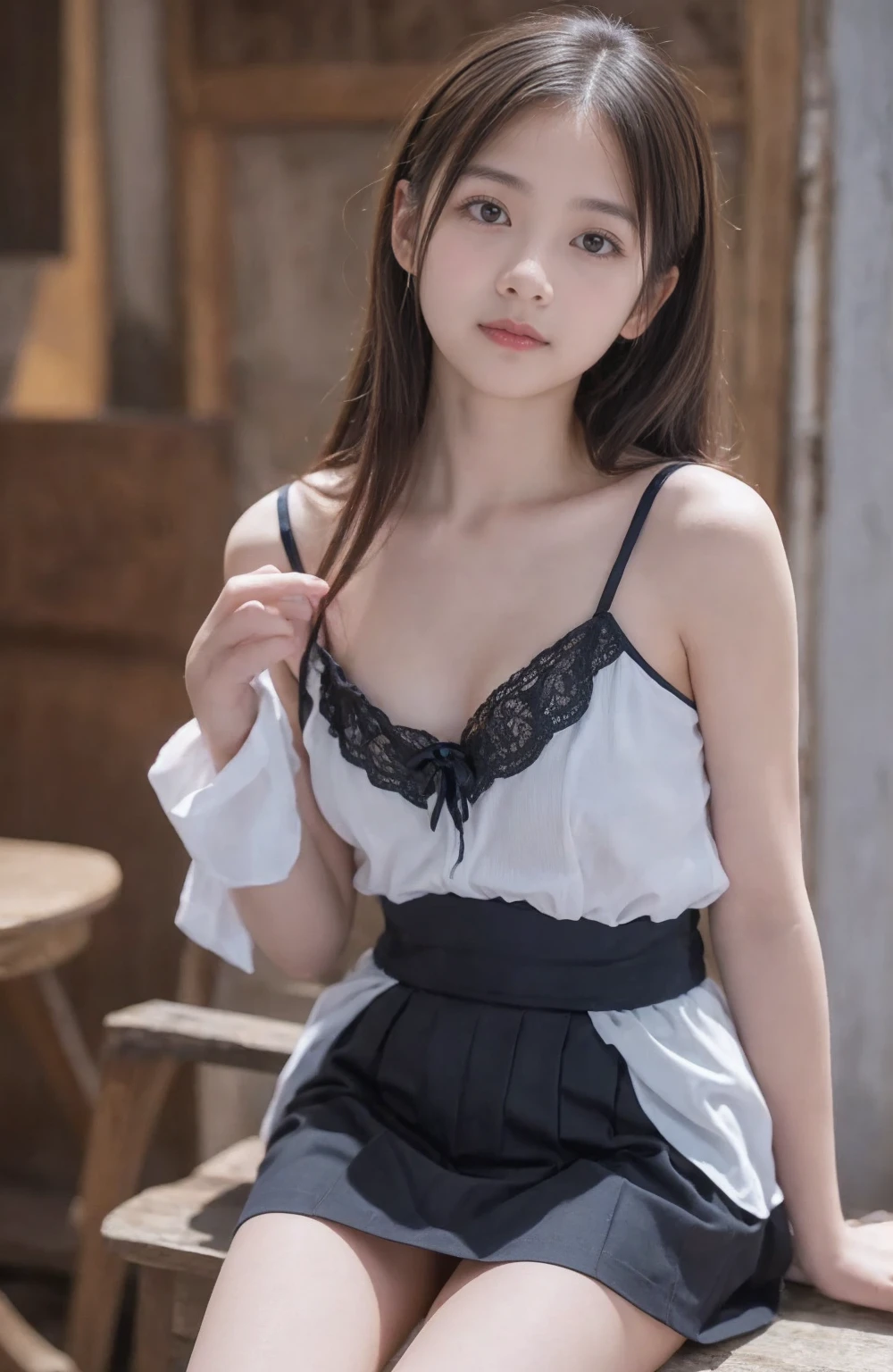 masterpiece,8K,Highest quality,Ultra-fine Illustration, The whole body is visible,Highly detailed face, Fine and glowing skin,Big eyes), ((One-length haircuts)), Mid-chest, (Shooting from below,Downward), Pretty face, 21 year old Japanese,Camisole dress,Lift up the skirt,White see-through lace panties,Big eyes, double eyelid,Embarrassed look,In the city