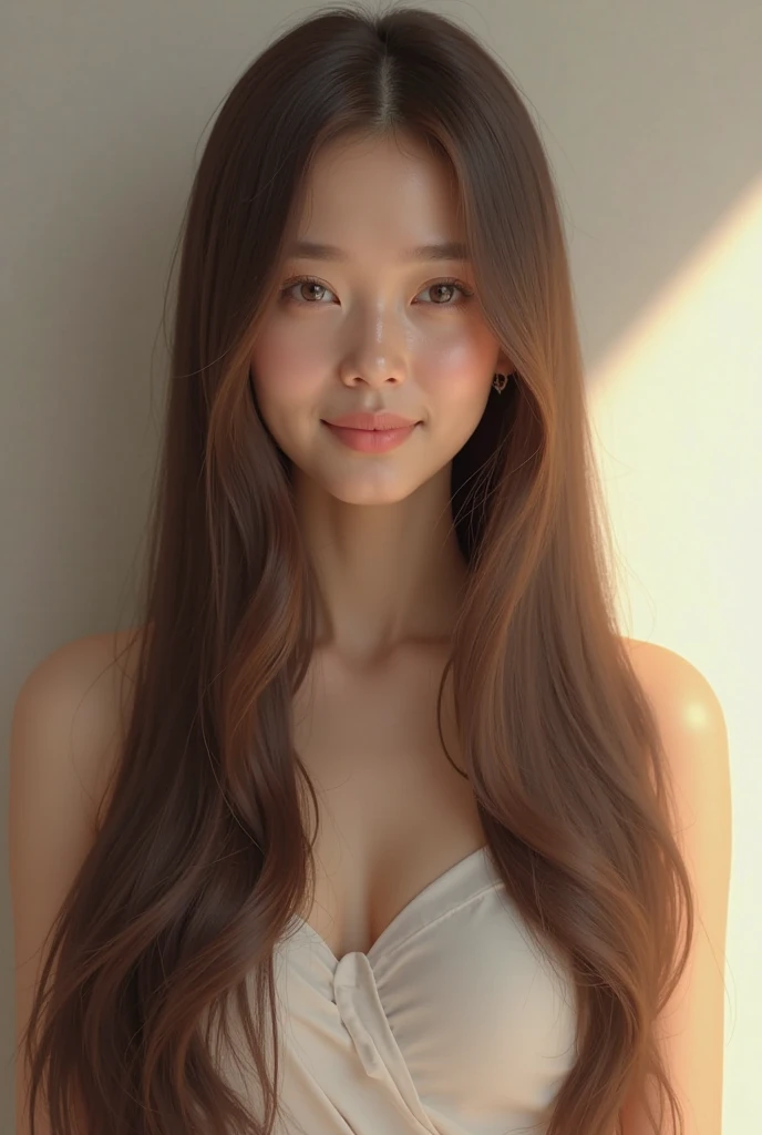 (masterpiece:1.3), (8k, photorealistic, raw photography, Superior image quality: 1.4), japanese girls、(Random hairstyles:1.2)、Super detailed face、eye of detail、double eyelid、Gather your chest、sharp focus:1.2、Pretty Woman:1.4、Long light brown hair 、premium、masterpiece、super high resolution、(photorealistic:1.4)、Professional and highly detailed lighting smile.、Tight and short garments、shoulder out and exposed 、slender、facial expression would be, lips half open、long-haired、fatal position, asian trait, very white and soft skin, model, white tea, Half body