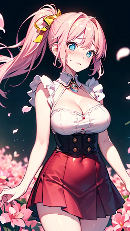 1 girl, pink long bun hair, Symbol-shaped eyes, +_+, big breasts, idol costume, {girl with pink long bun hair named Nami}, (Pink eye color), {downtown}, (smile), bright background , mole under eye, heart shaped choker, (masterpiece, highest quality), very detailed, highest quality, official art, beautiful and aesthetic: 1.2), (1 girl), very detailed, (geometry art: 1.3), colorful, most detailed ?d1 girl, pink long bun hair, Eye of the symbol, +__+, big breasts, gothic costume, {A girl with long pink bun hair named Nami}, (Pink eye color), {downtown}, (smile), bright background, (garden,beautiful flower々),mole under eye, heart shaped choker, (masterpiece, highest quality), official art, beautiful and aesthetic: 1.2), (1 girl), very detailed, (geometry art: 1.3), colorful