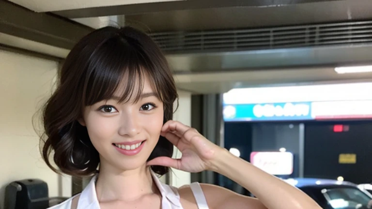 ((highest quality, 8k, masterpiece: 1.3)), Cute idol: 1.3, (Short hairstyle casual, Small breasts: 1.2),random color bikini: 1.2, Very beautiful face, Delicate eyes, double eyelid,((Photo studio,Photography equipment,The shooting light is visible,Behind the Scenes,)),turn around,smile,Dimples,Water droplets on the body,Wet Hair,Moles around the mouth,