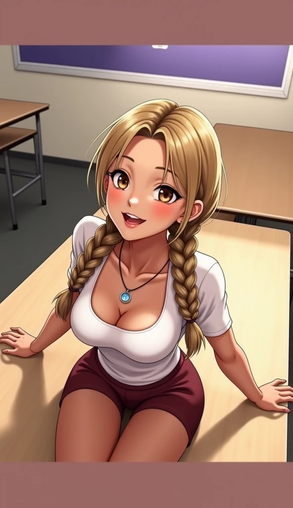 photo,White girl with twin ponytails,Sitting in a university classroom,Wear a sexy short skirt,Overlooking,Big breasts,Tight Fit