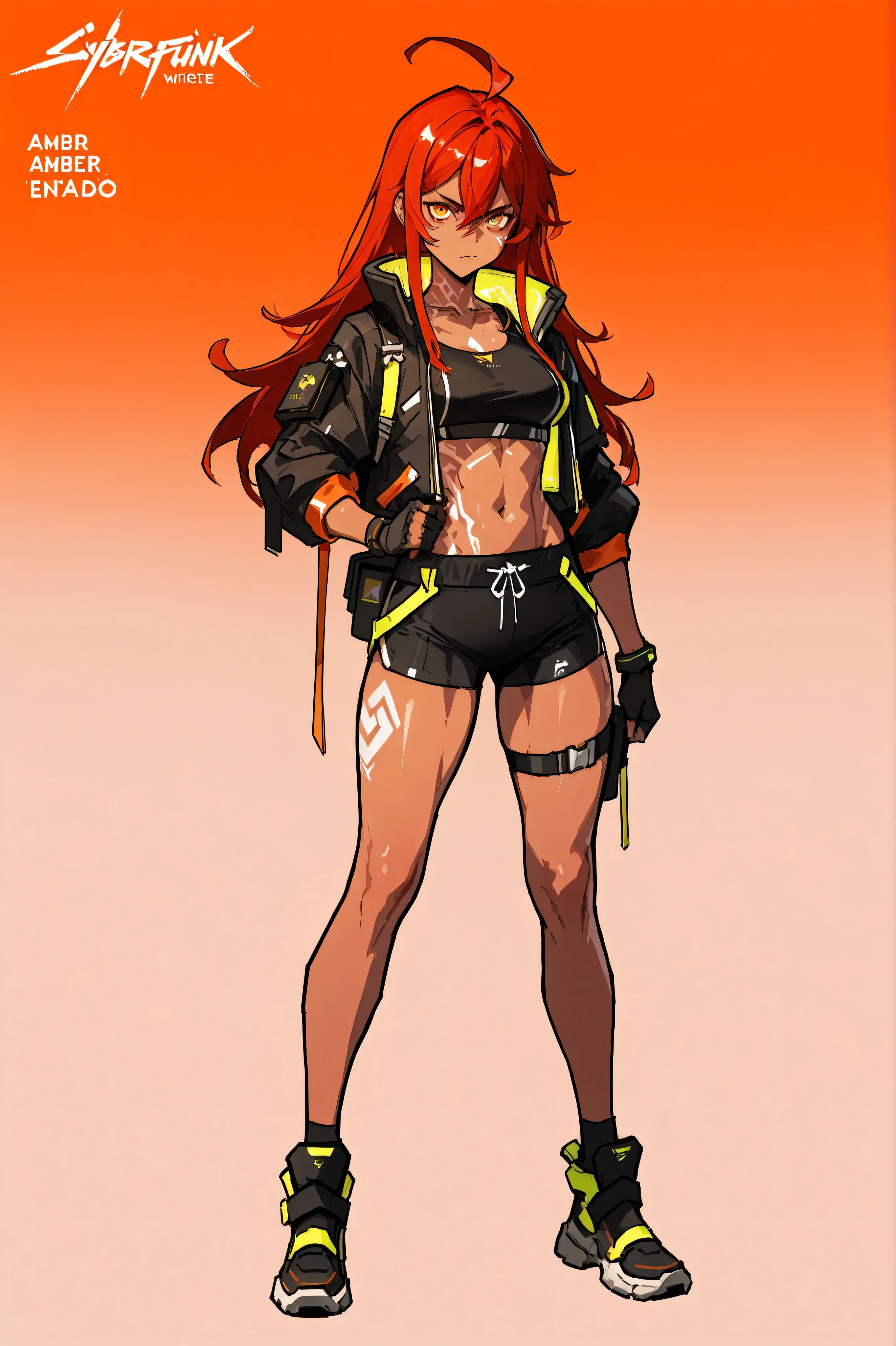 A beautiful tall girl with a strong physique with long red hair and brown skin,  Amber-colored eyes , carrying an attractive and serious look, wearing a black sports top and sports shorts, both following the futuristic cyberpunk techwear theme., pugilista, punhos enfaixados, on a solid-colored background, concept art, full body.