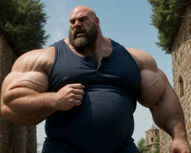 Hyperrealistic image of a post apocalyptic steampunk warrior man posing as a very muscular, grey-haired superhero., very old and very sweaty bodybuilder over 80 years old..very muscular and fat, He weighs more than 200 kilos with a naked torso., large and flaccid pectorals, Brown nipples and a big grey moustache in the middle of a ruined street with Victorians dressed in military trousers