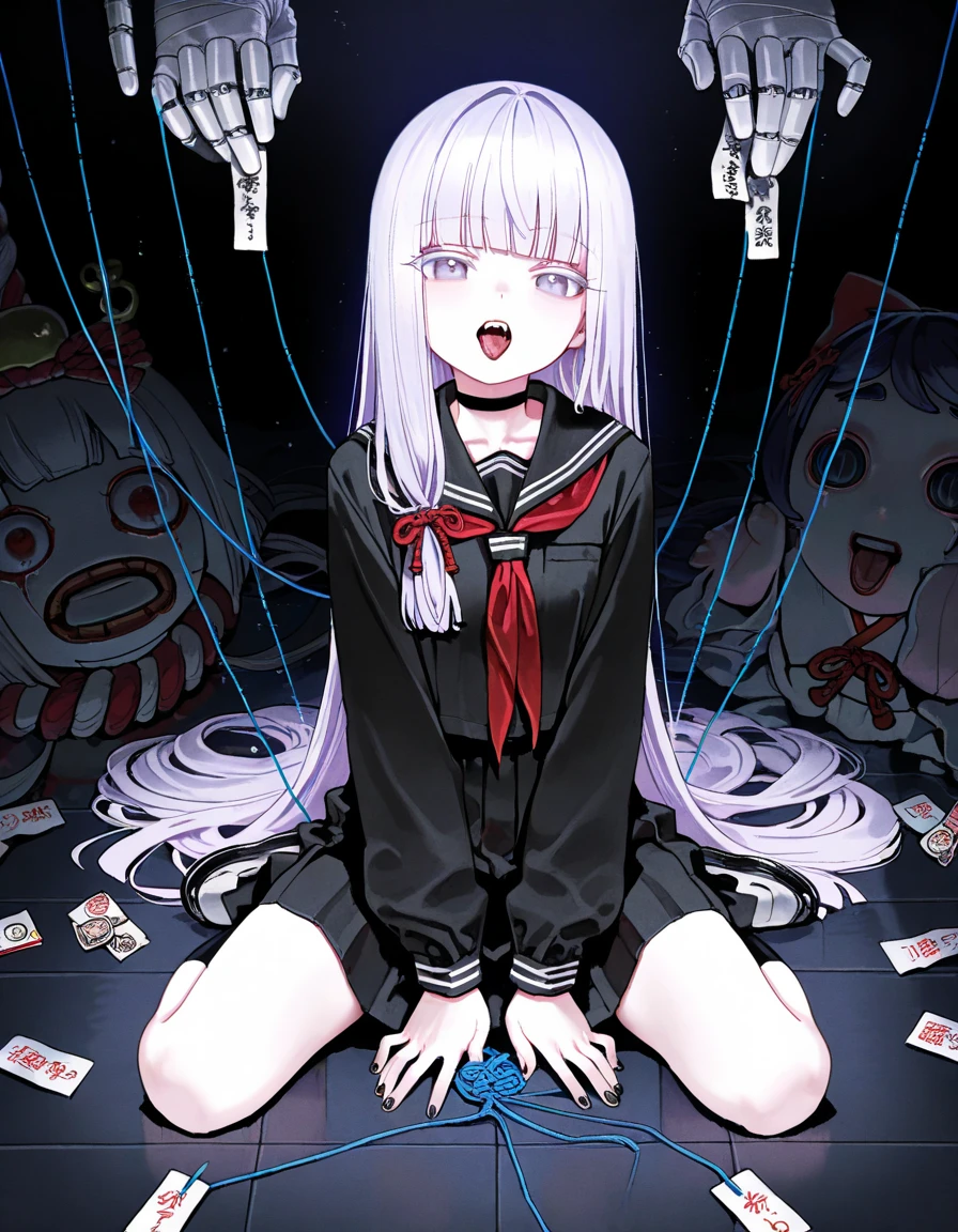 1girl, evil neuro-sama, (yuzu modoki), red eyes, light brown hair, ahoge, two side up, hair ribbon, dark red ribbon, heart hair ornament, black cardigan, open cardigan, black sailor collar, long sleeves, red bow, heart, button badge, star \(symbol\), drone, the number "1" on a badge, turtle, black skirt, pleated skirt, asymmetrical legwear, black thighhighs, black kneehighs, bandaid on knee, grey footwear, loafers, (masterpiece, best quality), highly detailed, finely detailed, wet, dogeza,