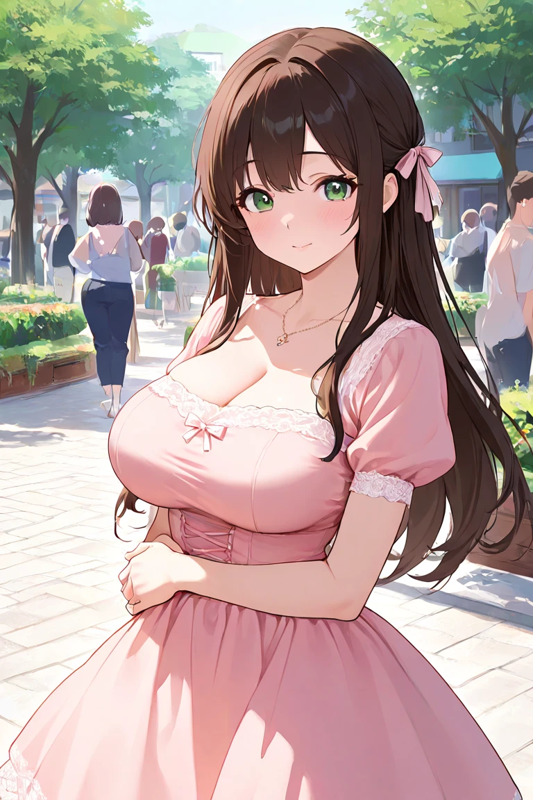 top-quality、brown haired、Brown eyes、lower bangs、(((Clothed big breasts)))、(((pink short sleeve puff sleeve blouse)))、((Pink Nails))、drooing eyes、kindly smile、Glossy lips、piercings、hi-school girl、gyuru、a necklace、long skirt、tall stature、夏天