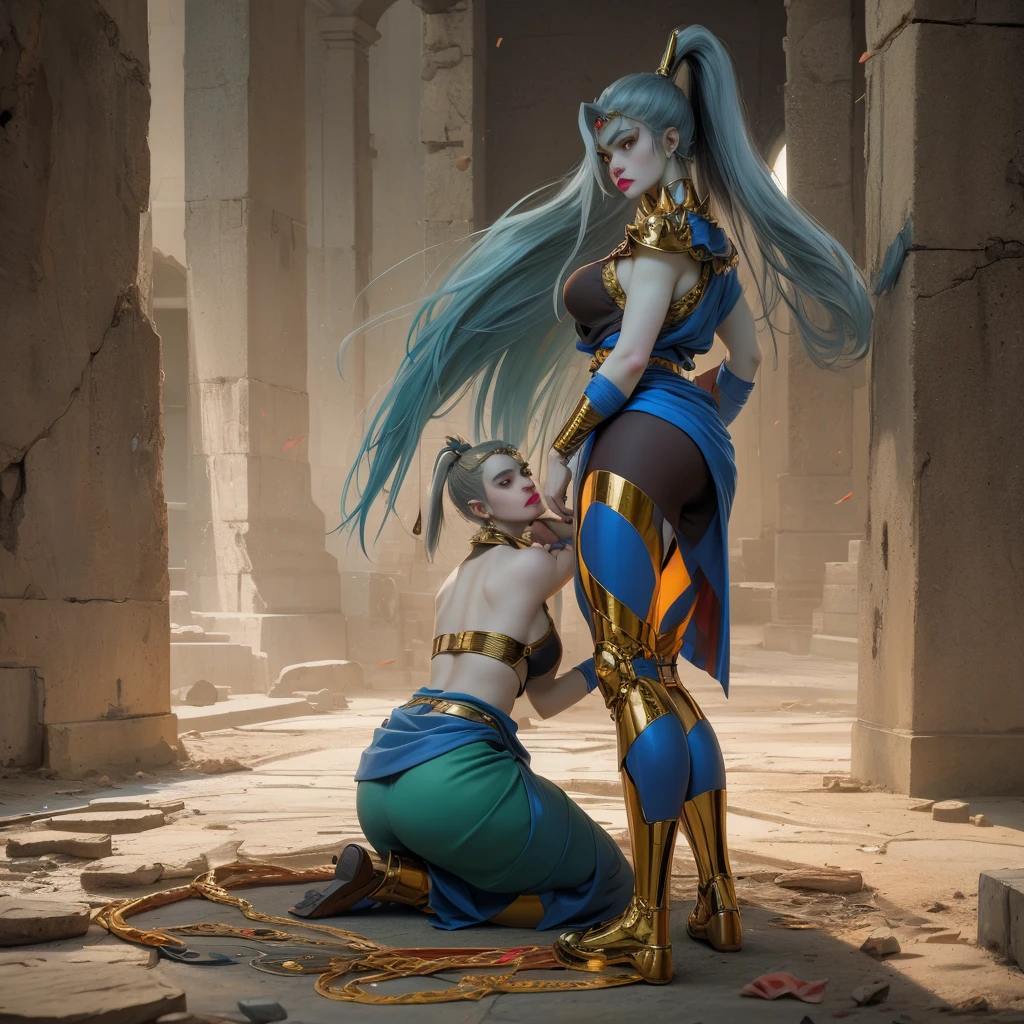 (Boy focus) 2boys, Young_Pharaohs, Sons of Egypt escaping the heat, in Gold/Blue Thongs, (Penis_Bulge), cute face, Divine body Tone, Skinny, Boyish, Young_looking, Enigmatic smile, Big Toned Butt, Outside_Bath (masterpiece), 4k, ultra detailed, mischievous pose, low angle, Back View, perfect body ((boys_only))