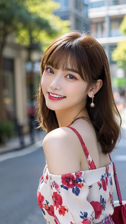 masterpiece, 1 beautiful girl, Detailed eyes, Puffy eyes, highest quality, 超A High resolution, (Realistic : 1.4), Cinema Lighting, Japanese, Asian Beauty, Super Beauty, Beautiful Skin, Slender, Body facing forward, (超Realisticな), (High resolution), (8k), (High resolution), (Beautiful and detailed eyes), (Super detailed), (wallpaper)、Detailed face, Bright lighting, Professional Lighting, View Art, Look straight ahead, (The costume is a red knit dress), Long Hair, My hair is messy, Asymmetrical bangs, Night Scenery, Brown Hair, Japan is an idol, Korean Idols, Gravure idol pose, 23 years old, expensive, smile, Flower park scenery at dusk, (Random body direction),