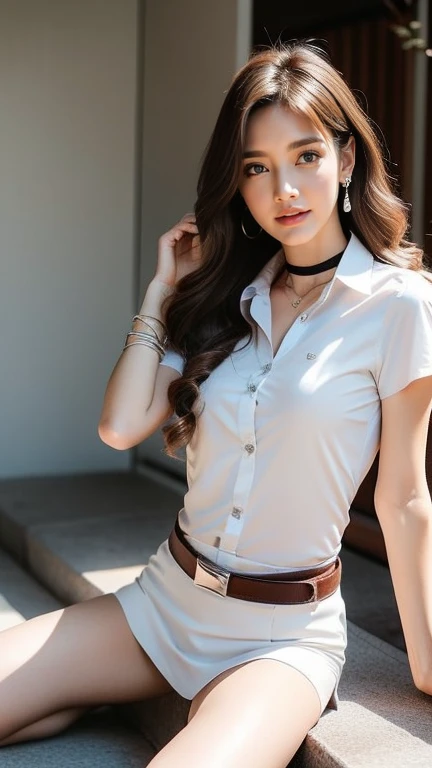 (High resolution 8K, Masterpiece, Only the best quality complicated details Chromatic aberration) realistic ((small breasts)) Hair strewn in one eye., 
Very large round silver earrings worn on the ear., Diamond Choker, necklaceพลอยแดง, medium sized silver necklace, bracelet, Many bracelets, leather strap watch, Anklet, Waist necklace, stilettos,
 Sharp eyes,  necklace, (Symmetrical eyes), (Perfect symmetrical body), (Photo of a beautiful 19 year old teenage girl.), Beautiful and charming with contemporary fashion paintings as well., looking at the audience, 
 ((Sitting in a red five-tiered amphitheater behind a large glass room.)), ((black short skirt)),(((Tiring ((White short sleeve shirt), ( Open shirt to show breasts little nipples,Soft milk), no bra)), (open chest),)), (Medium soft chest)), 
(Long square leather belt buckle), Put your hands down, (Light brown golden blonde bob, large spiral curls, (There is some hair covering the face..)), sharp eyeliner, Dark eyes, eyelid, Blush with thick eyelashes,
 Curly eyelashes,  Very delicate and beautiful, Sharp focus. elegant. (Spread your legs moderately in the stands. ) (open legs, Look at the panties.) (open legsของคุณและยกขาซ้ายขึ้น. (natural release) Set a seductive example, 
Let your legs be at natural eye level.., separated,(mahalaiuniform)