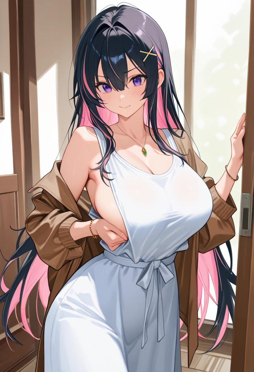 1girl, master nemesis, to love-ru darkness, black hair, very long hair, yellow eyes, dark skin, ribbon, hair ribbon,  , highly detailed, masterpiece, best quality, anime style,  empty eyes Running, wearing nothing, big anime eyes, , shiny hair, bare-skin, navel, the groin, BREAK in front of convenience store, large breasts、　Nipples, nsfw, nipple , Heavy snowfall