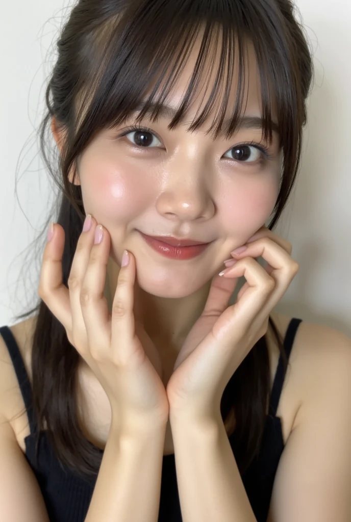 (Highest quality:1.5)、(16k wallpaper:1.2)、(Realistic:1.2)、(Super detailed:1.2)、(Sharp focus:1.2)、Bright light、(Improvement of quality:1.4)、High resolution、Realistic、Highly detailed face、Anatomically correct body、woman、One person、Japanese、Beautiful realistic face、Plump Cheeks、Beautiful black hair、smile、Natural color lip、18歳woman、Brown eyes、Loose and fluffy bob perm、No makeup、Drooping eye corners、Post-processing、High resolution、Highly detailed face、