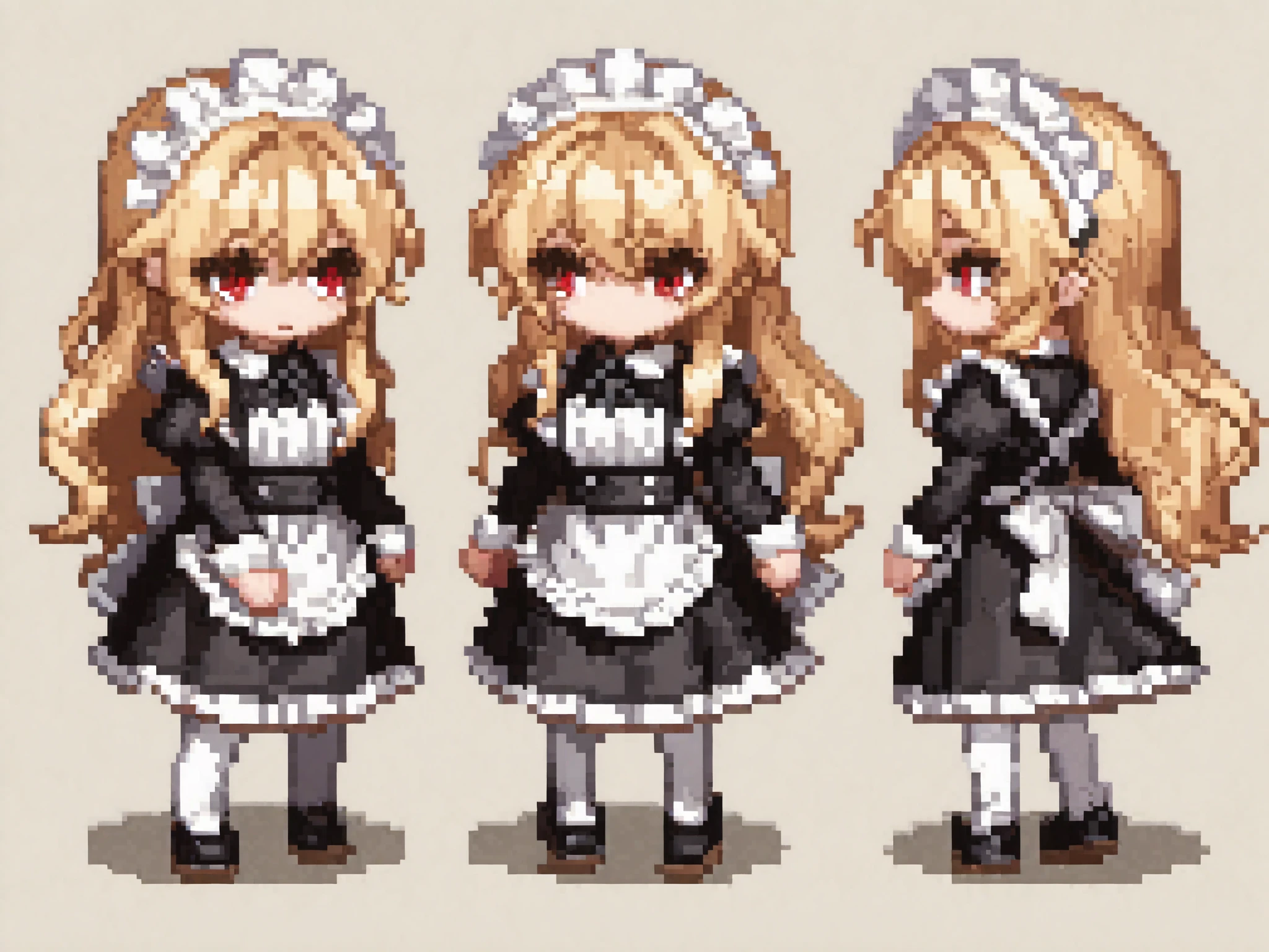 Pixel art sprite sheet, full body, pixel art, wavy long blonde hair maid, red eyes, blonde eyelashes, maid uniform, sprite sheet, pixel art sprite full body, sheet front back looking left and side, idle , animation sheet