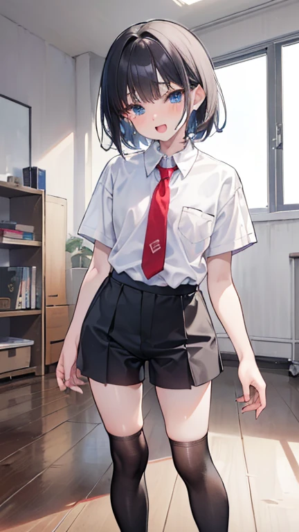 ((masterpiece、best quality、highly detailed))、a boy playing pranks、((light skin:1.hort black hair, blue eyes、tears, open mouth, pained expression、flat chest、((school uniform: formal white shirt, red school tie, gray school tight shorts, gray school knee socks, black school shoes))、Short Sleeve、 Cowboy pictures、standing, facing front, feet on the floor, bending over, hands touching toes、 punishment classroom, in the background is an adult man in a suit, he is holding a long wooden ruler.