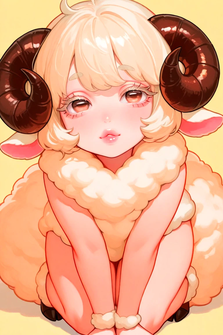 Duo, score_9, score_8_up, score_7_up, an Anthro furry sheep, female sheep, wool, wooly body, yellow eyes, sheep horns, wooly head, wooly chest and neck, mammal, standing, naked, breasts, pussy, nipples, eyes half open, mouth open, visible sigh, tired expression)1.2, BREAK sex, cowgirl position sex, (she is straddling a large black male werewolf, male black werewolf is sucking on her breast):1.3, she is clenching her teeth, outdoors, simple background 