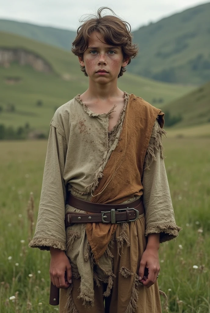 Post apocolypse Tribal, cute face, white skin, brown hair, 1boy, bowl haircut, young 13 years old, brown tattered loincloth, brown fur poncho, blue eyes, british, Pcychic, skinny body, little muscle, green and swirly full-body tattoo, green and swirly face tattoo
