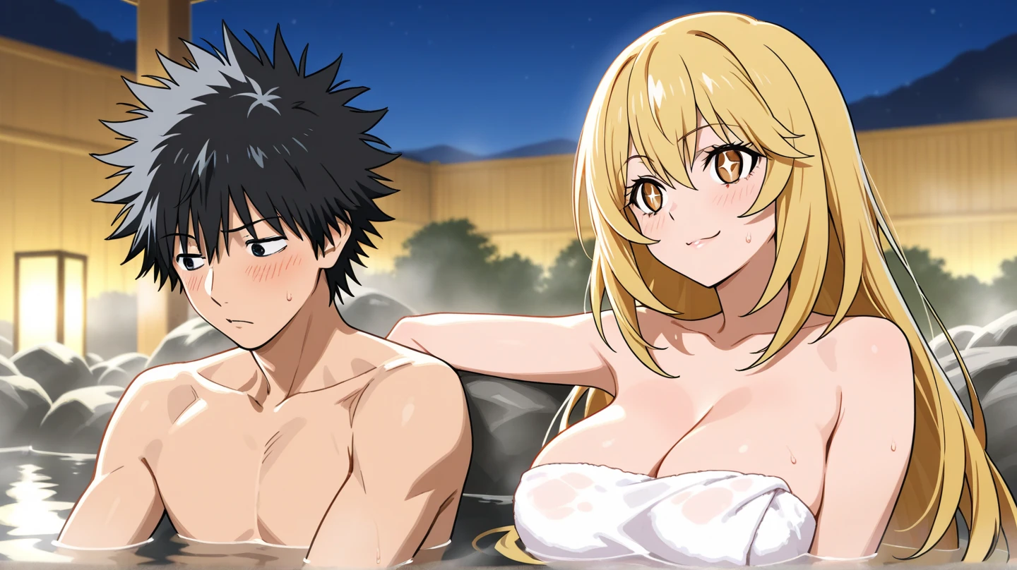 ((best quality)), ((masterpiece)), (detailed),female anime perfect body wearing white bra bikini, short hair, pink hair, sexy, hugged from behind by the boy, yellow hair boy, white skin, wearing blue hoodie HD 4K concept drawing art