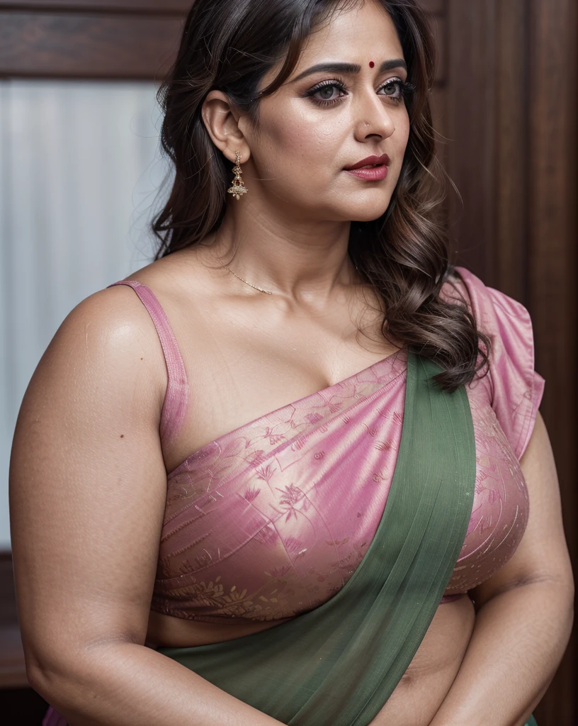 50yo mature MILF Anushka Shetty,((best quality)), ((masterpiece)), ((realistic)), sweat, alluring figure,  bulging figure, thick charming lady, curvy, thick navel, full figured woman, sexy navel folds, fleshy figure, eye kajal, massive breast, full body, styled hair, pierced eyes, female face,royal aura, trend on artstation , sharp focus, studio photo, intricate detail, very detailed, detailed eye, illustration, very detailed, sharp focus, digital render, professional, 4k