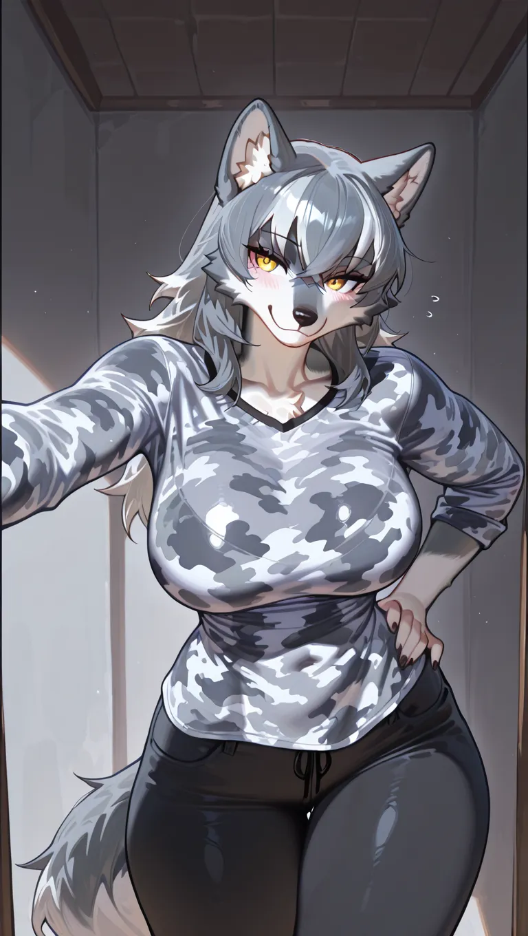 hairy，furry，Fursuit，snow leopard，girl，full，Big breasts ，T-Shirt，Navel