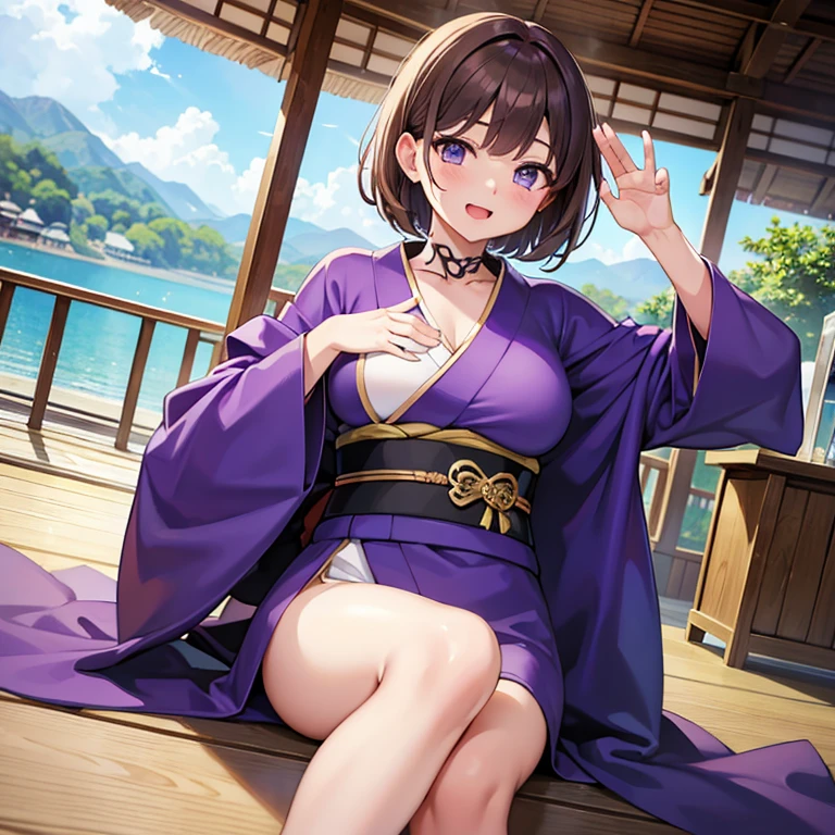 High resolution,masterpiece, Highest quality, Kuo Shenlin , heterochromia , Brown hair, smiling , (((busty))), 1girl, sensual body, Her cheeks flushed, Gravure photography , sexy model, kimono, front open dress , sexy bikini model, purple bikini , micro bikini , pool, city
