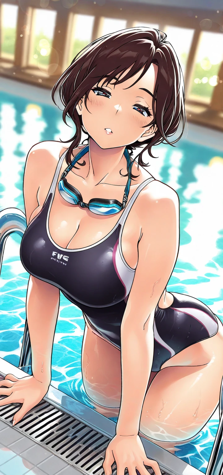 A boyish, short-haired, busty, beautiful-legged woman is wearing a competitive swimsuit and standing by the pool with her legs spread to the sides, blushing and with her mouth open.。A close-up view of her breasts。