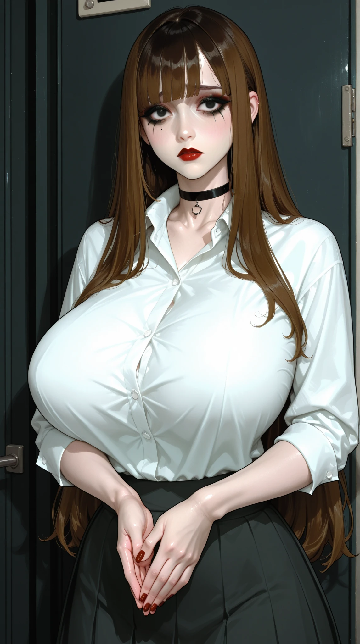 (beautiful Jewish teenager:0.9) aged 18, plain white scoop-neck tee shirt, long open cardigan, jeans, formal library, sitting, antique armchair, aerial view, bright eyes, detailed background, ((very long dark auburn wavy hair)), ((ponytail)), ((((big oversized massive huge colossal gigantic breasts)))), skinny, thin, Canon 5D, ((muscles)), tall girl, long legs, hoop earrings, mahogany bookshelves