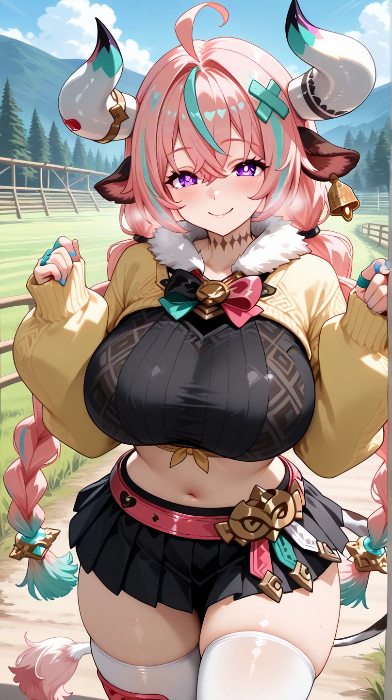 1个Giant Breast Girl,Tamaki,default,komono,catss_hor ears, catss_girl,food,ngel,shop,blossoms,Dark_with pink hair,(gigantic cleavage breasts),lifting her skirt